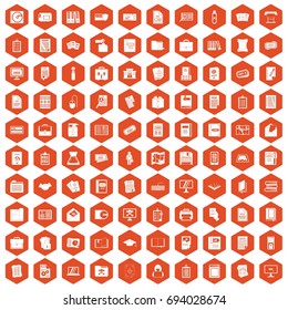 100 document icons set in orange hexagon isolated vector illustration