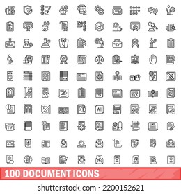 100 iconos de documento. Ilustración de esquema de 100 iconos de documento conjunto de vectores aislado en fondo blanco