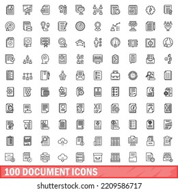 100 iconos de documento. Ilustración de esquema de 100 iconos de documento conjunto de vectores aislado en fondo blanco