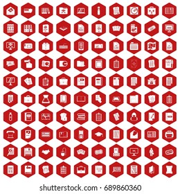 100 document icons set in red hexagon isolated vector illustration