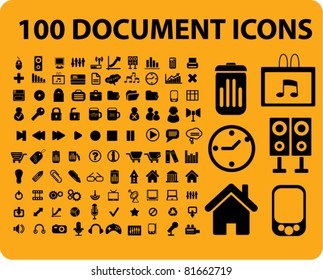 100 document icons, signs, vector illustrations