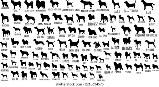 100 Dog Breeds silhouette isolated vector files svg