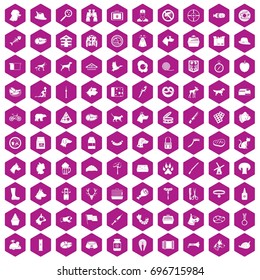100 dog icons set in violet hexagon isolated vector illustration