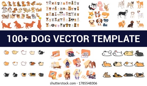 100+ Dogs vector collection. Vector illustration of funny cartoon different breeds dogs in trendy flat style. Isolated on white