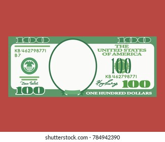 100 dollar bill with an empty space for any portrait in a cartoon style. Unreal money. vector illustration isolated on a dark background