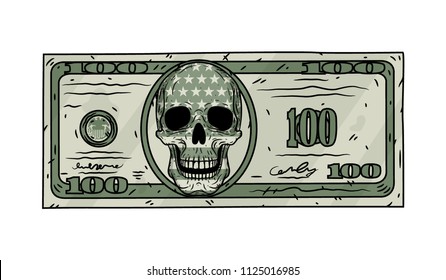 100 dollar bill with Skull. One hundred dollars