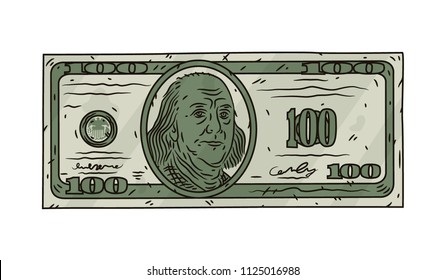 100 dollar bill with stylized Franklin portrait. One hundred dollars