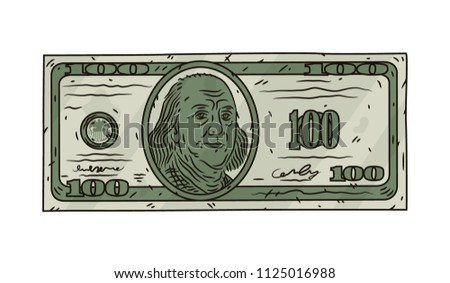 100 dollar bill with stylized Franklin portrait. One hundred dollars