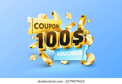 100 dollar coupon gift voucher, cash back banner special offer. Vector illustration