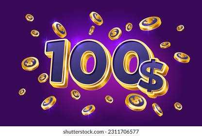 100 dollar coupon gift voucher, cash back banner special offer, casino winner. Vector illustration