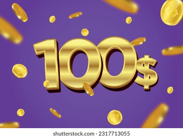 100 Dollar gift or offer poster with flying gold coins. One Hundred Dollar coupon voucher, cash back banner special offer, casino winner. Vector illustration.