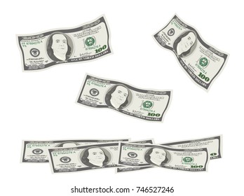 100 Dollars Banknote. Bill one hundred dollars isolated on white background. The concept of prosperity, success, growth in business. Flying, falling currency of US. Vector illustration, flat style. 