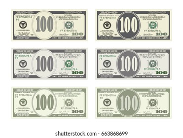100 Dollars Banknote. Design bill one hundred dollars in six options. Suitable for discount cards, leaflet, coupon, flyer, vouchers, gift card. Vector in flat style. USD isolated on white. Horizontal.