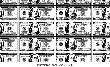 100 dollars bill bank notes seamless pattern background. Vector illustration. Benjamin Franklin. Used for textiles and printing