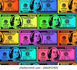 100 dollars bills bank notes seamless pattern background. Vector illustration for textille
