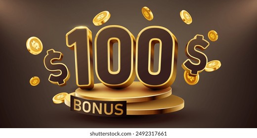 100 dollars bonus with podium and falling golden coins. Cashback or prize concept. Vector illustration