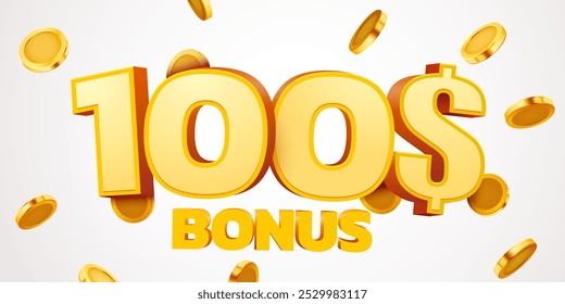 100 dollars bonus with podium and falling golden coins. Cashback or prize concept. Vector illustration