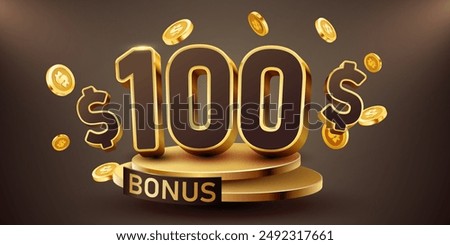 100 dollars bonus with podium and falling golden coins. Cashback or prize concept. Vector illustration