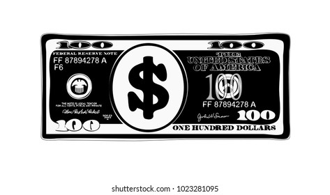 100 dollars in flat cartoon style. Vector design of bill one hundred dollars.  Inverted colors. Suitable for discount cards, leaflet, coupon, flyer, vouchers. Simulate hand-drawn  illustration.