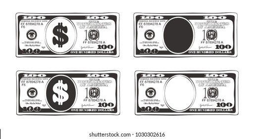 100 dollars in flat cartoon style. Vector design of bill one hundred dollars. Suitable for discount cards, leaflet, coupon, flyer, vouchers and other advertising. Simulate hand-drawn  illustration.