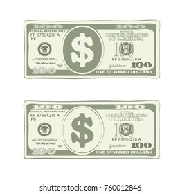 100 dollars in flat cartoon style. Vector design of one hundred dollar bill in green colors. Suitable for discount cards, leaflet, coupon, flyer, vouchers and other advertising.