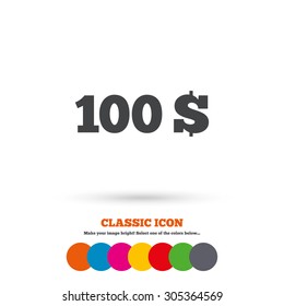 100 Dollars sign icon. USD currency symbol. Money label. Classic flat icon. Colored circles. Vector