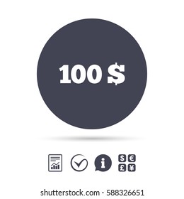100 Dollars sign icon. USD currency symbol. Money label. Report document, information and check tick icons. Currency exchange. Vector