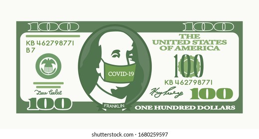 100 dollars us dollar bill. Benjamin Franklin put on a medical mask with the inscription Covid-19 virus. The Chinese Crown Virus affects the global economy of America and the world stock market. 