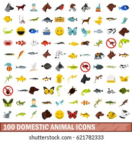 100 domestic animal icons set in flat style for any design vector illustration