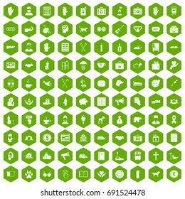 100 donation icons set in green hexagon isolated vector illustration