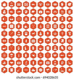 100 donation icons set in orange hexagon isolated vector illustration