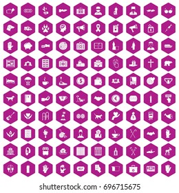 100 donation icons set in violet hexagon isolated vector illustration