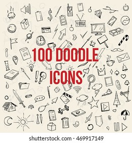 100 Doodle icons set. Doodle pack, hand drawn