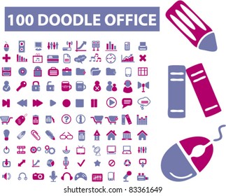 100 doodle office icons set, vector