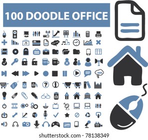 100 doodle office icons, signs, vector illustrations