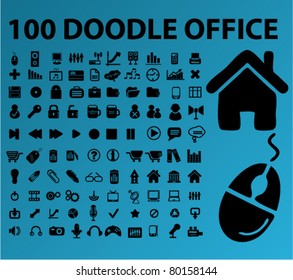 100 doodle office icons, signs, vector illustrations