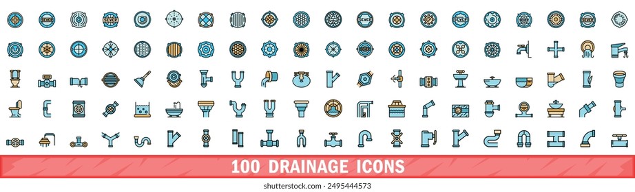 100 drainage icons set. Color line set of drainage vector icons thin line color flat on white