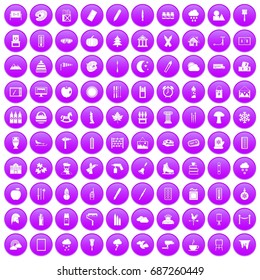100 drawing icons set in purple circle isolated on white vector illustration