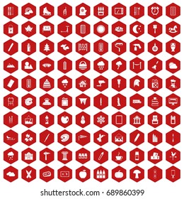 100 drawing icons set in red hexagon isolated vector illustration