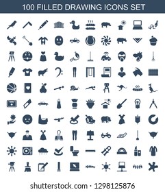 100 drawing icons. Trendy drawing icons white background. Included filled icons such as splash, children, laptop, sun, car, glue pen, notebook. drawing icon for web and mobile.