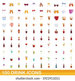 100 drink icons, set. Cartoon illustrations of 100 drink icons, vector set isolated on white background