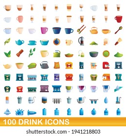 100 íconos de bebida. Ilustración de dibujos animados de 100 íconos de bebidas conjunto vectorial aislado en fondo blanco