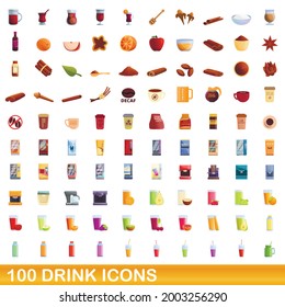 100 drink icons set. Cartoon illustration of 100 drink icons vector set isolated on white background