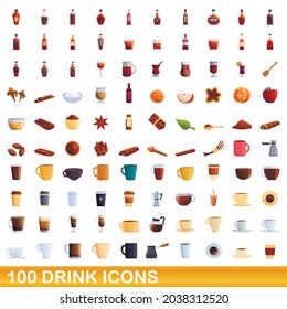 100 drink icons set. Cartoon illustration of 100 drink icons vector set isolated on white background