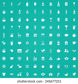100 drinks icons, white on green background 
