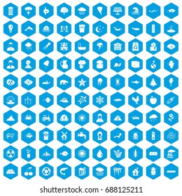 100 earth icons set in blue hexagon isolated vector illustration