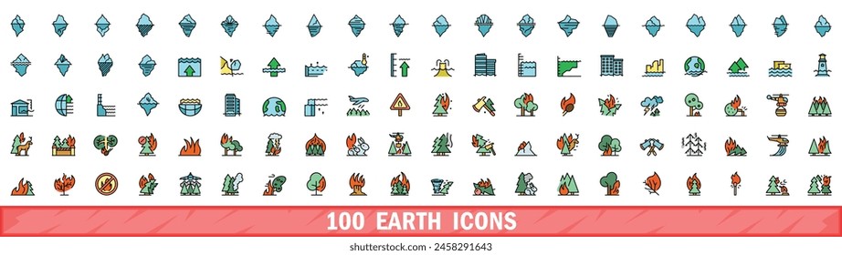 100 earth icons set. Color line set of earth vector icons thin line color flat on white
