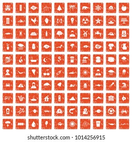 100 earth icons set in grunge style orange color isolated on white background vector illustration