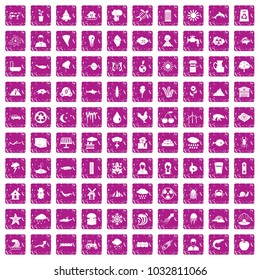 100 earth icons set in grunge style pink color isolated on white background vector illustration