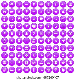 100 earth icons set in purple circle isolated on white vector illustration